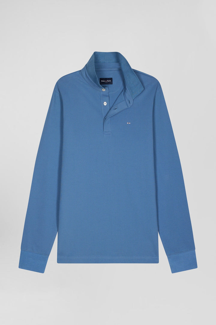 Polo manches longues en piqué coton bleu coupe Slim alt view