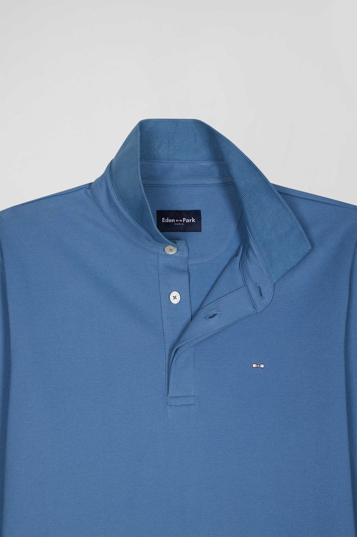 Polo manches longues en piqué coton bleu coupe Slim