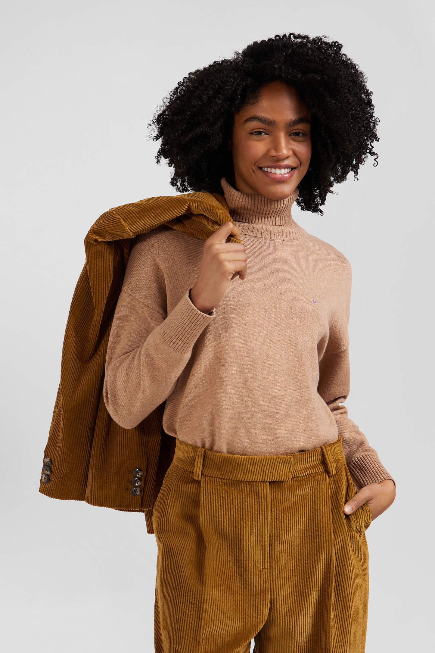 Relaxed brown wool and cotton turtleneck jumper