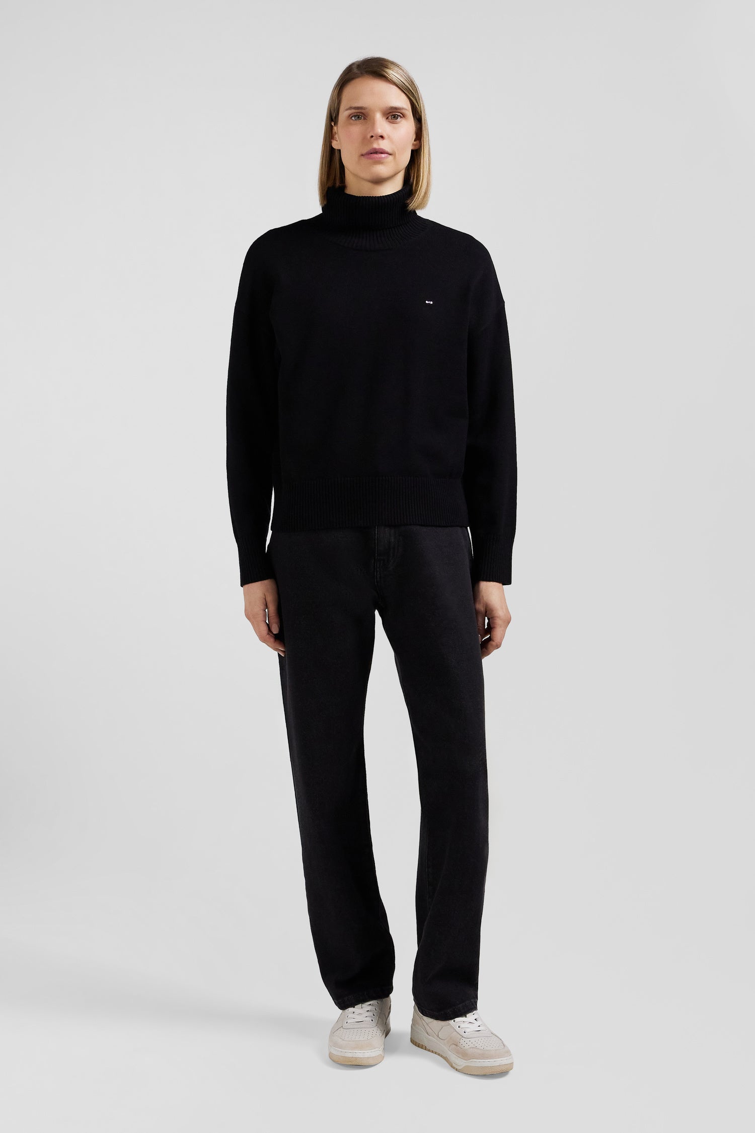 Relaxed black wool and cotton turtleneck jumper