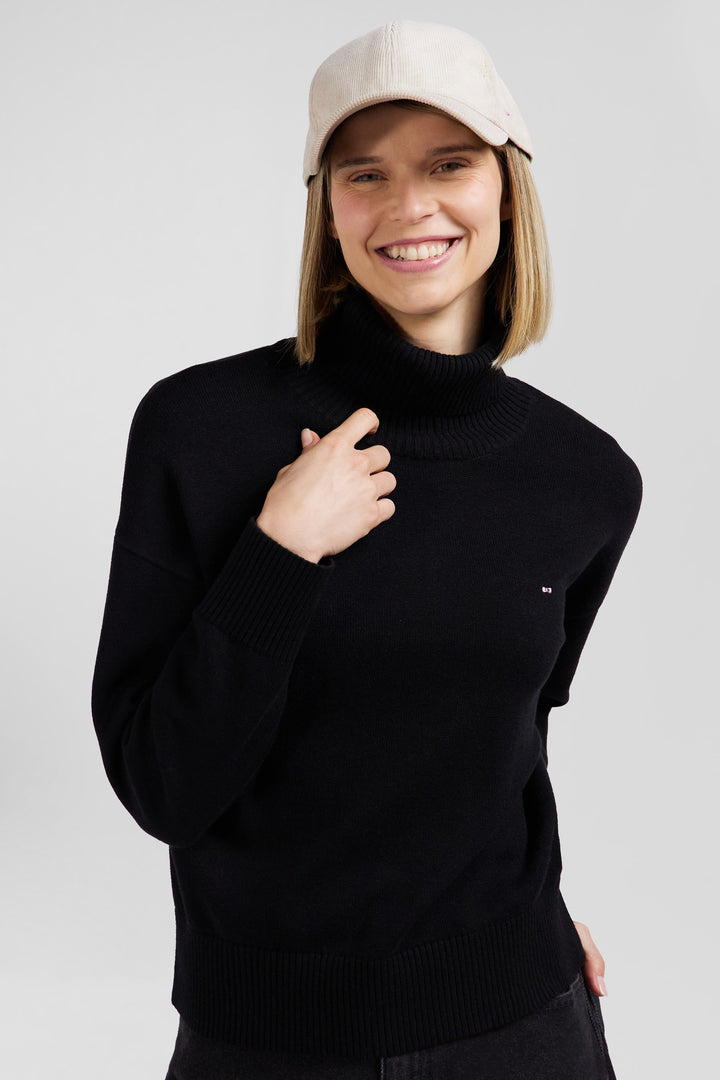 Relaxed black wool and cotton turtleneck jumper