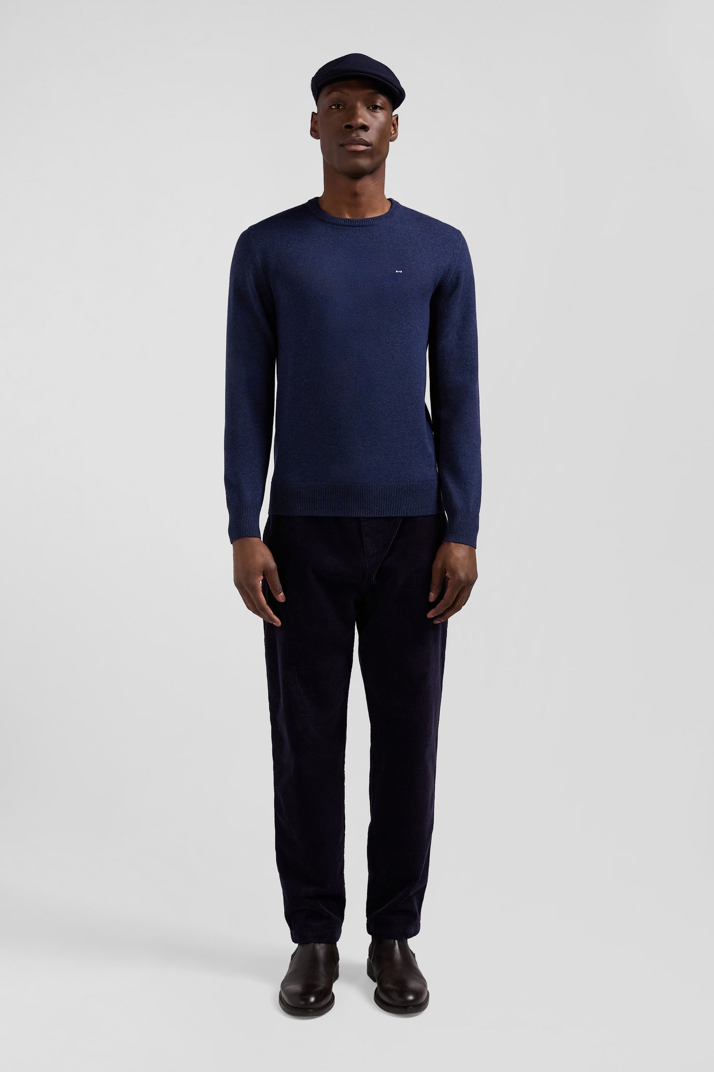 Regular dark blue wool and cotton crew neck jumper