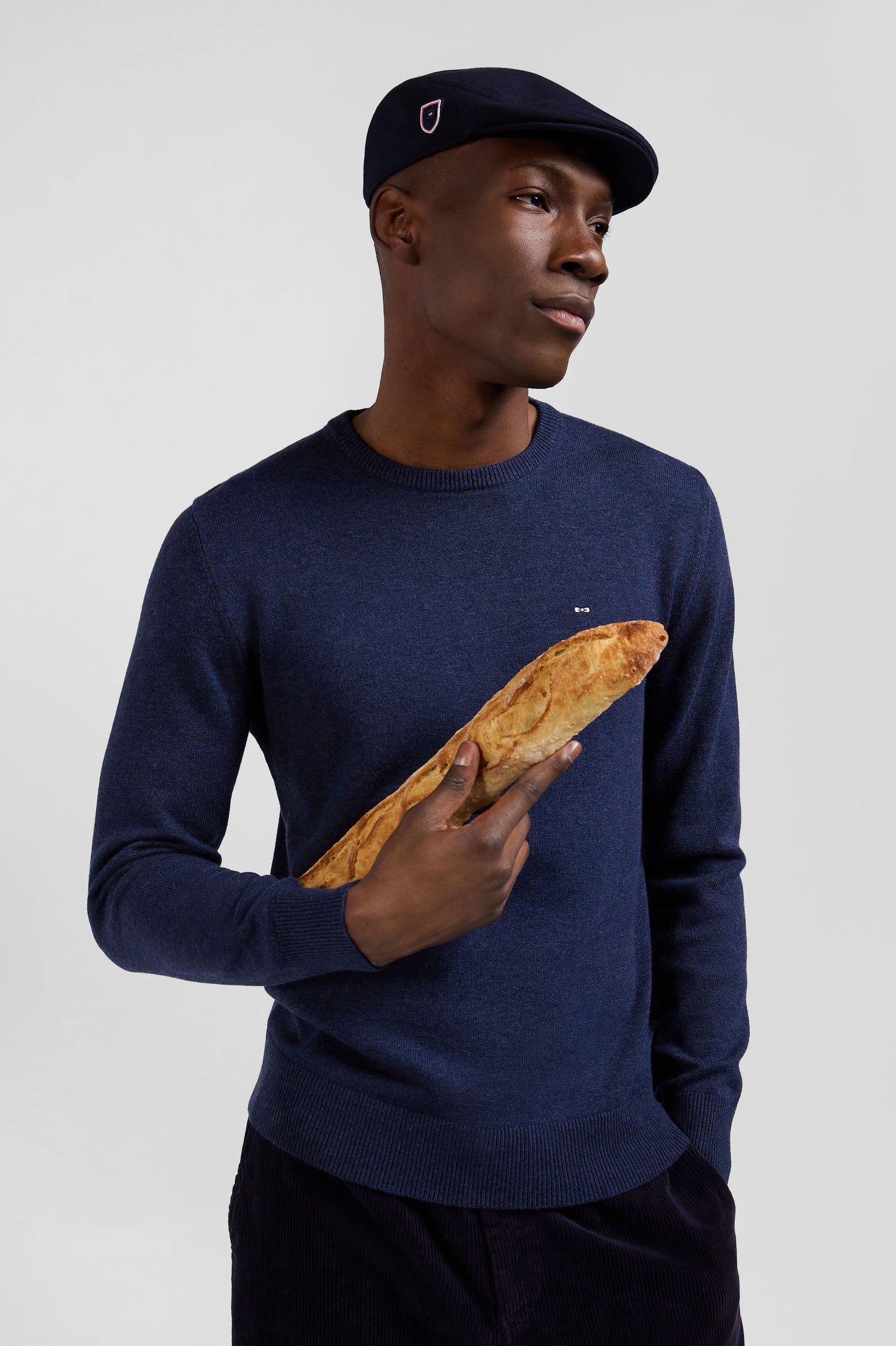 Regular dark blue wool and cotton crew neck jumper