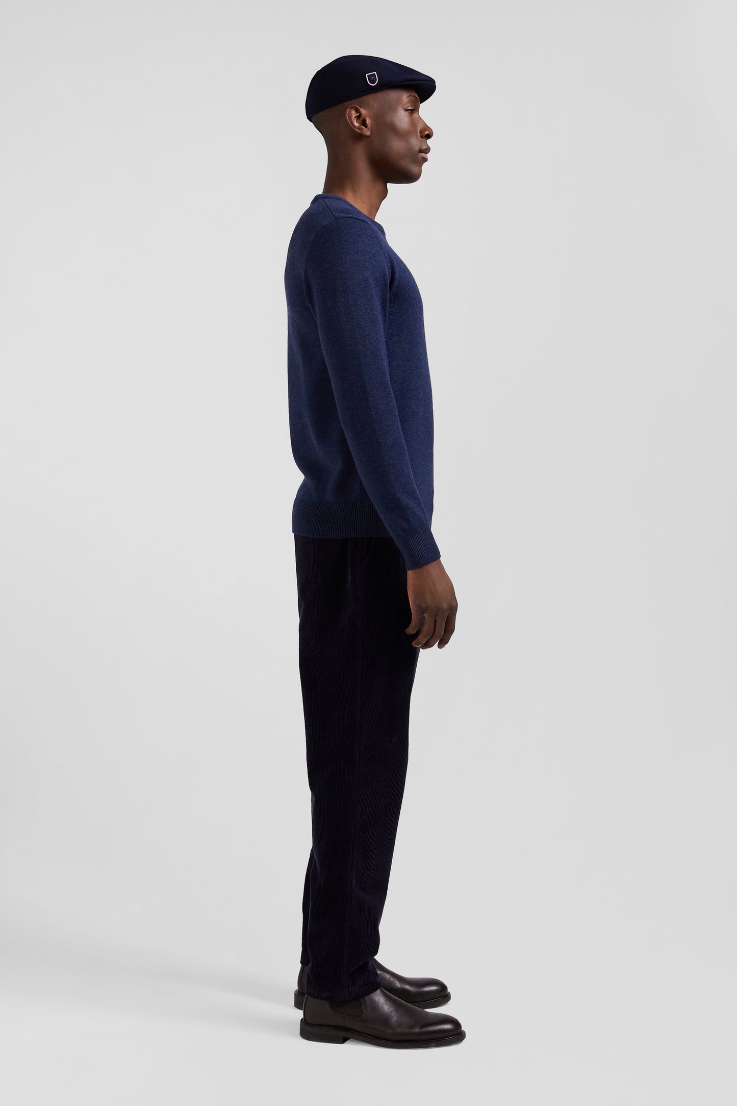 Regular dark blue wool and cotton crew neck jumper