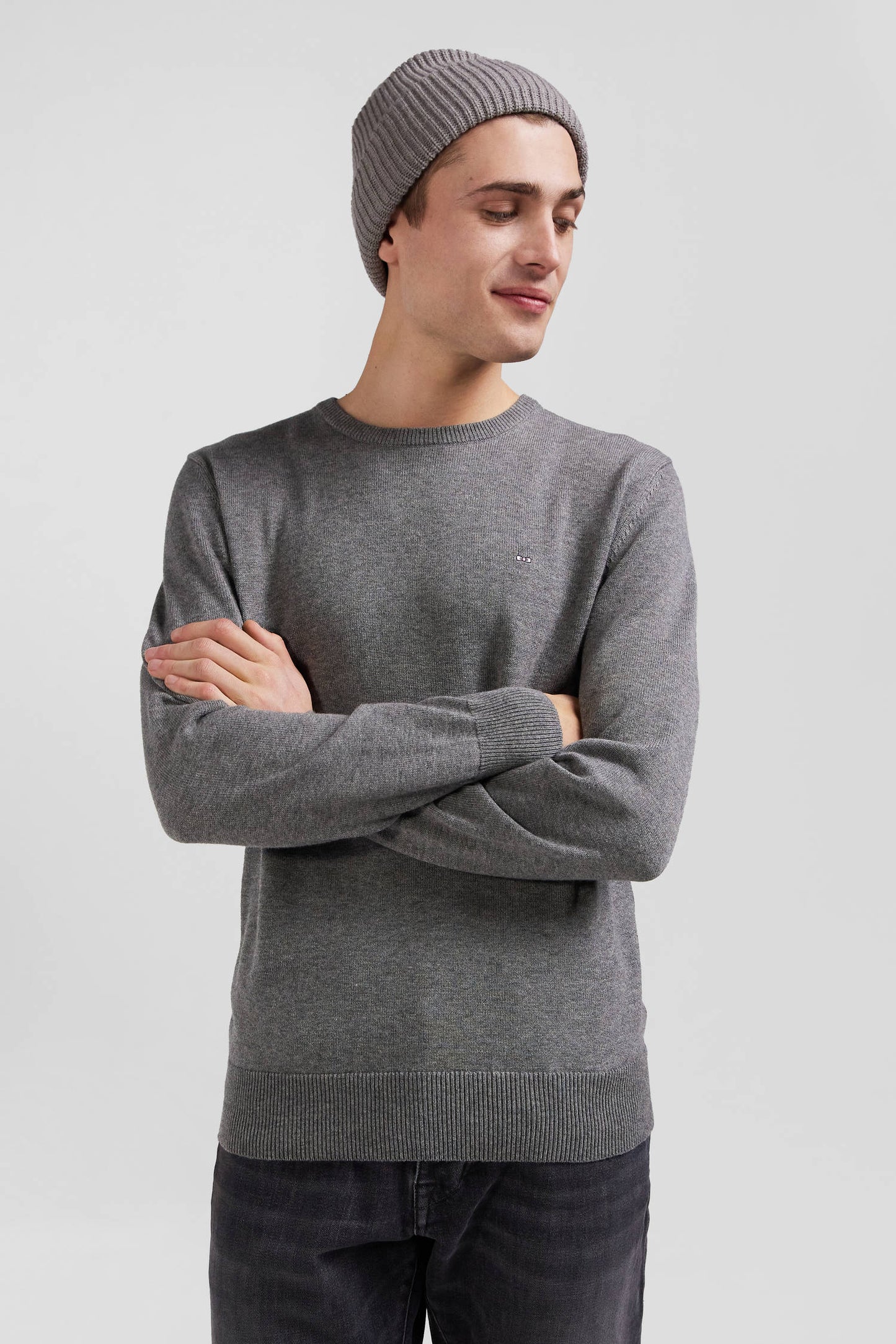 Pull col rond en laine et coton gris clair coupe Regular - Image 3