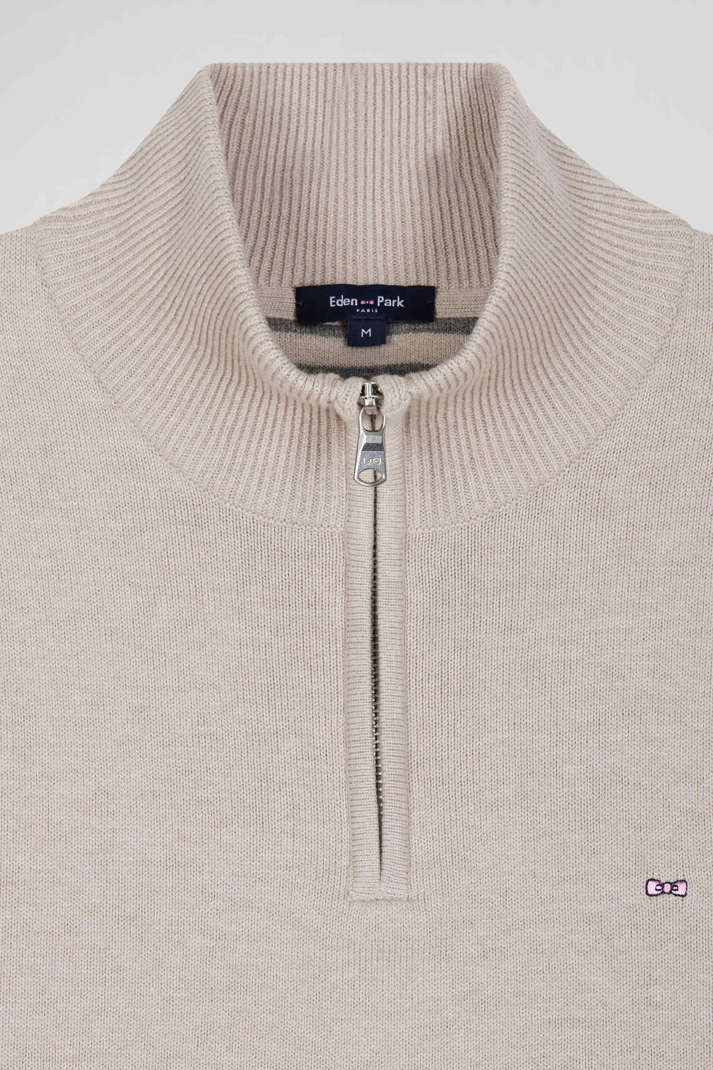 Pull col camionneur zippé en laine et coton beige coupe Regular - Image 7