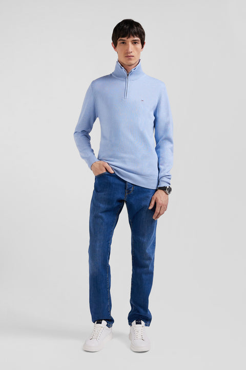 Regular sky blue semi-zipped wool and cotton jumper - Image 1