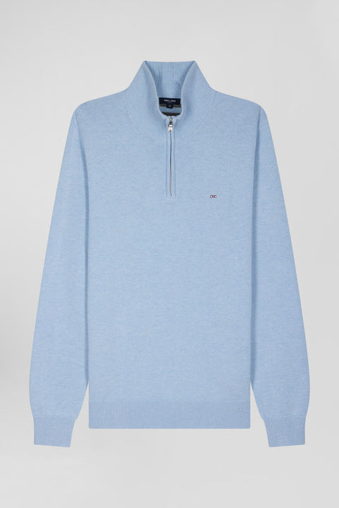 Regular sky blue semi-zipped wool and cotton jumper - Image 2