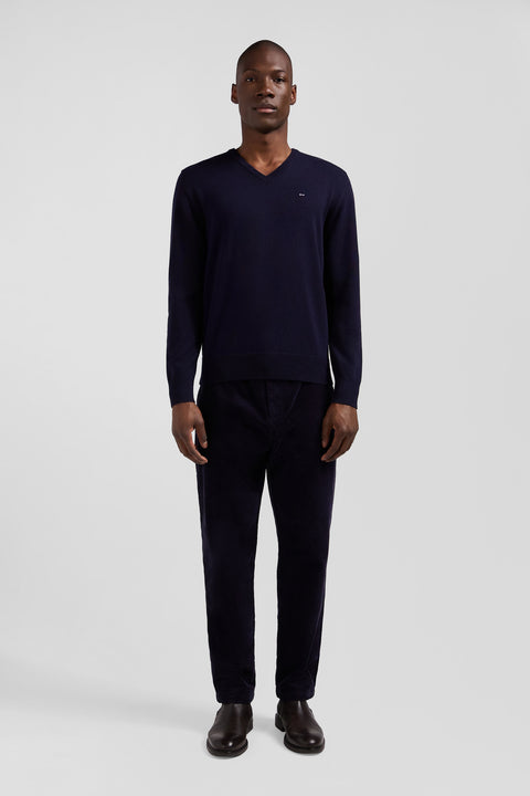 Pull col V en laine et coton bleu marine demi-lune cerclée coupe Regular - Image 1