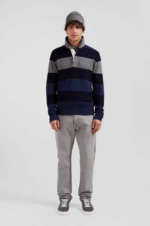 Regular navy blue striped wool and cotton jumper with rugby shirt collar - Image 1