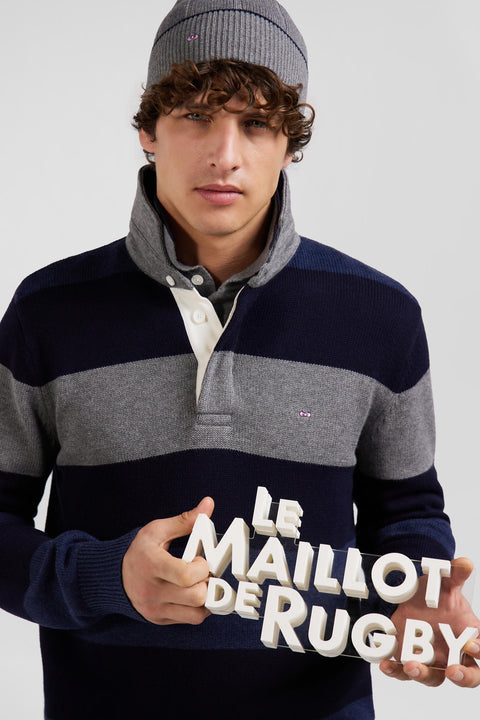 Regular navy blue striped wool and cotton jumper with rugby shirt collar - Image 3