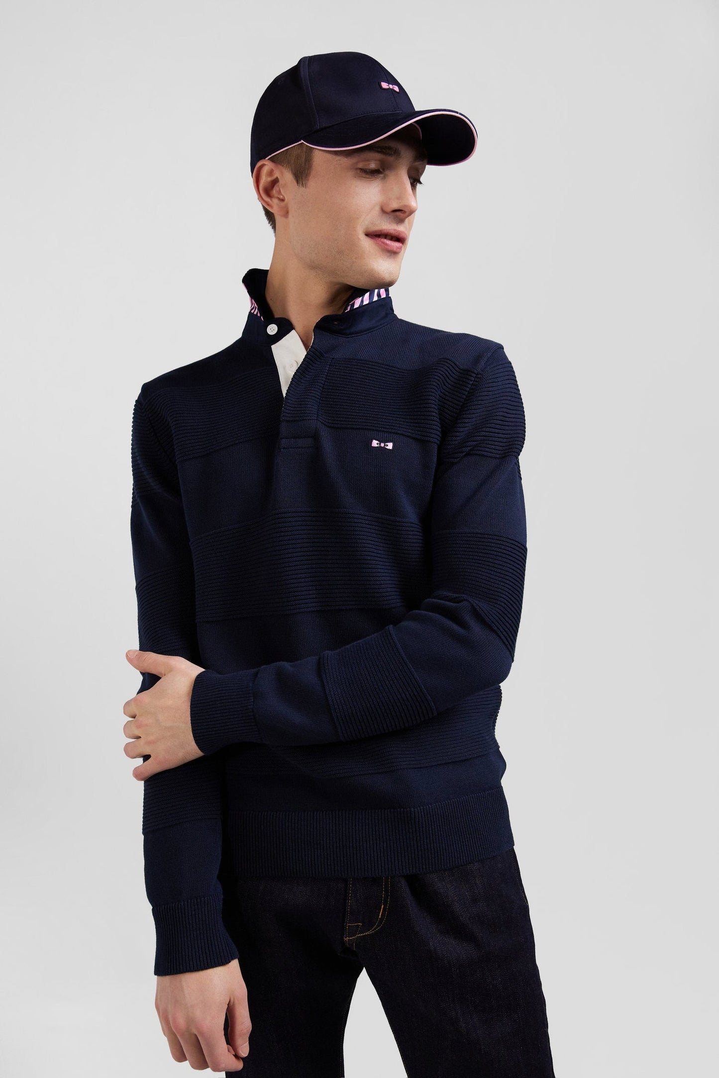 Pull col polo en coton bleu marine coupe Regular - Image 3