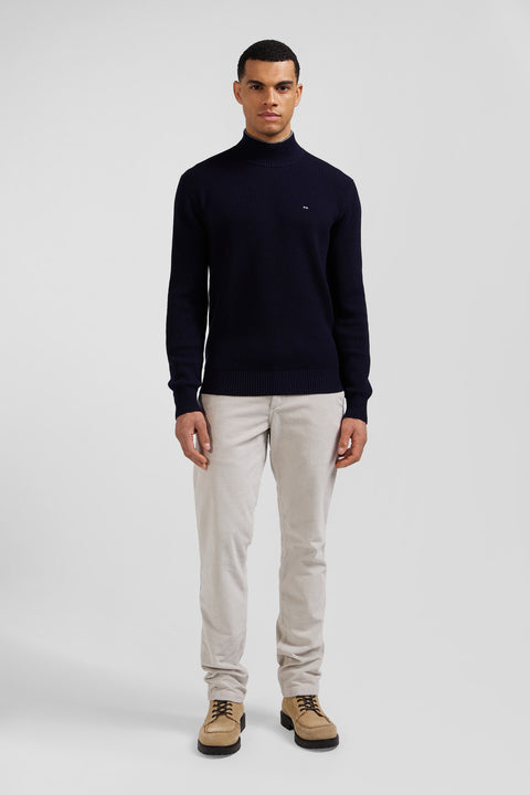 Regular navy blue wool and cotton high-neck jumper - Image 1