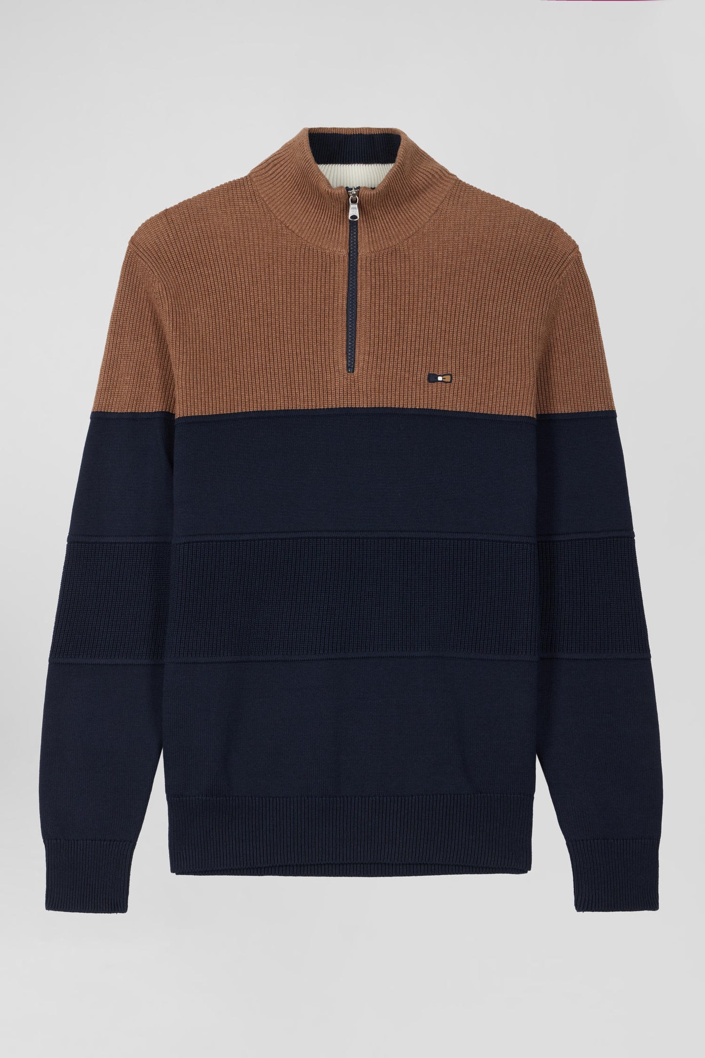 Pull col camionneur en coton noisette à jeux de maille coupe Regular