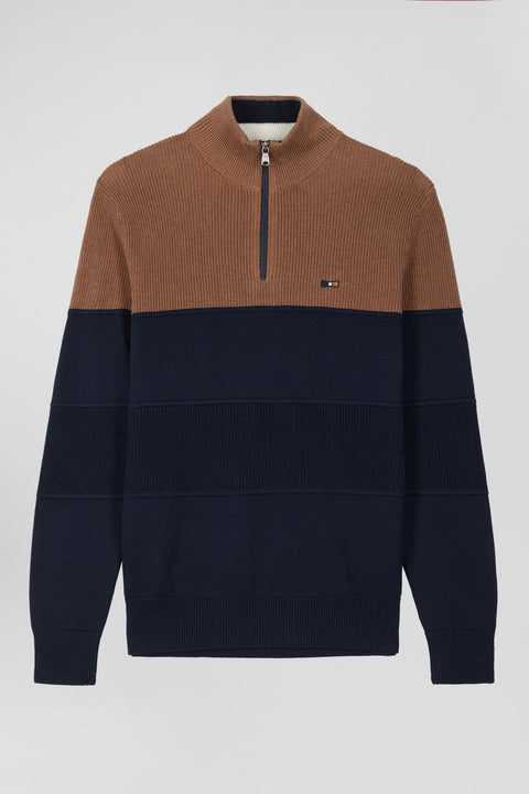 Pull col camionneur en coton noisette à jeux de maille coupe Regular - Image 2