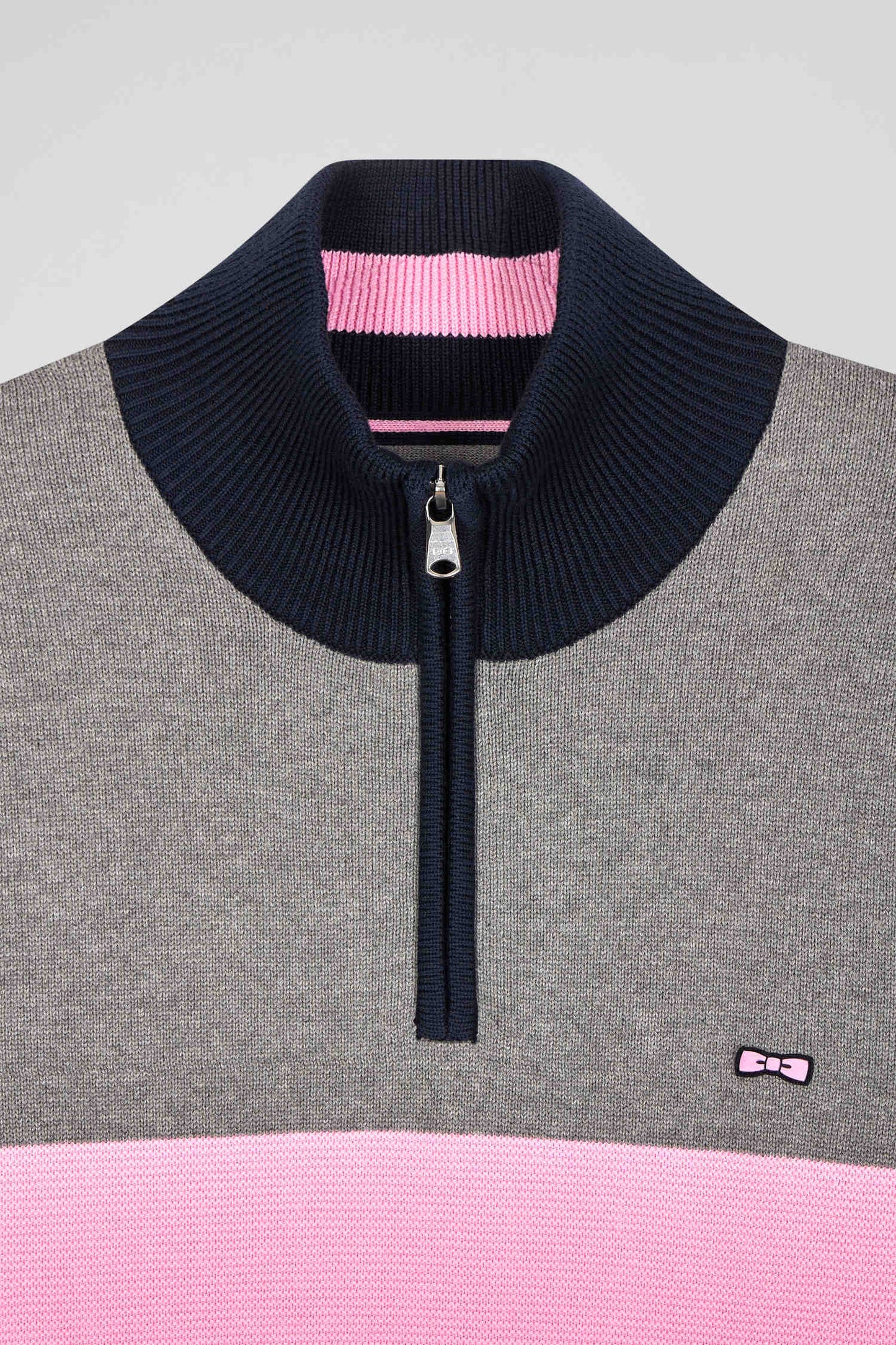 Pull col camionneur zippé colorblock en coton gris brodé coupe Regular - Image 8