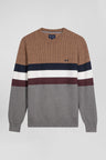 Pull col rond en maille coton fantaisie noisette coupe Regular