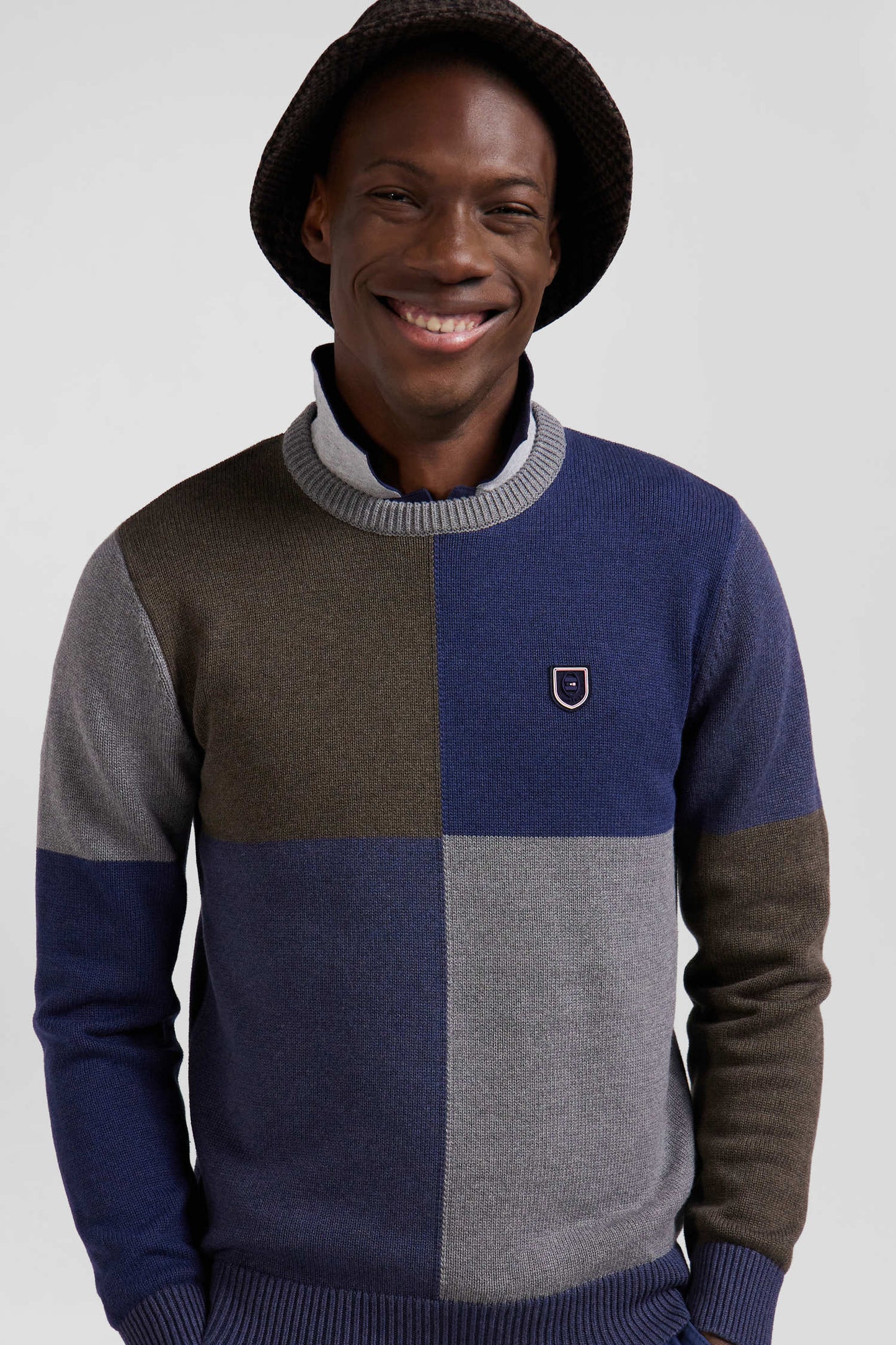 Pull col rond colorblock Barbarian en coton bleu chiné coupe Regular - Image 3