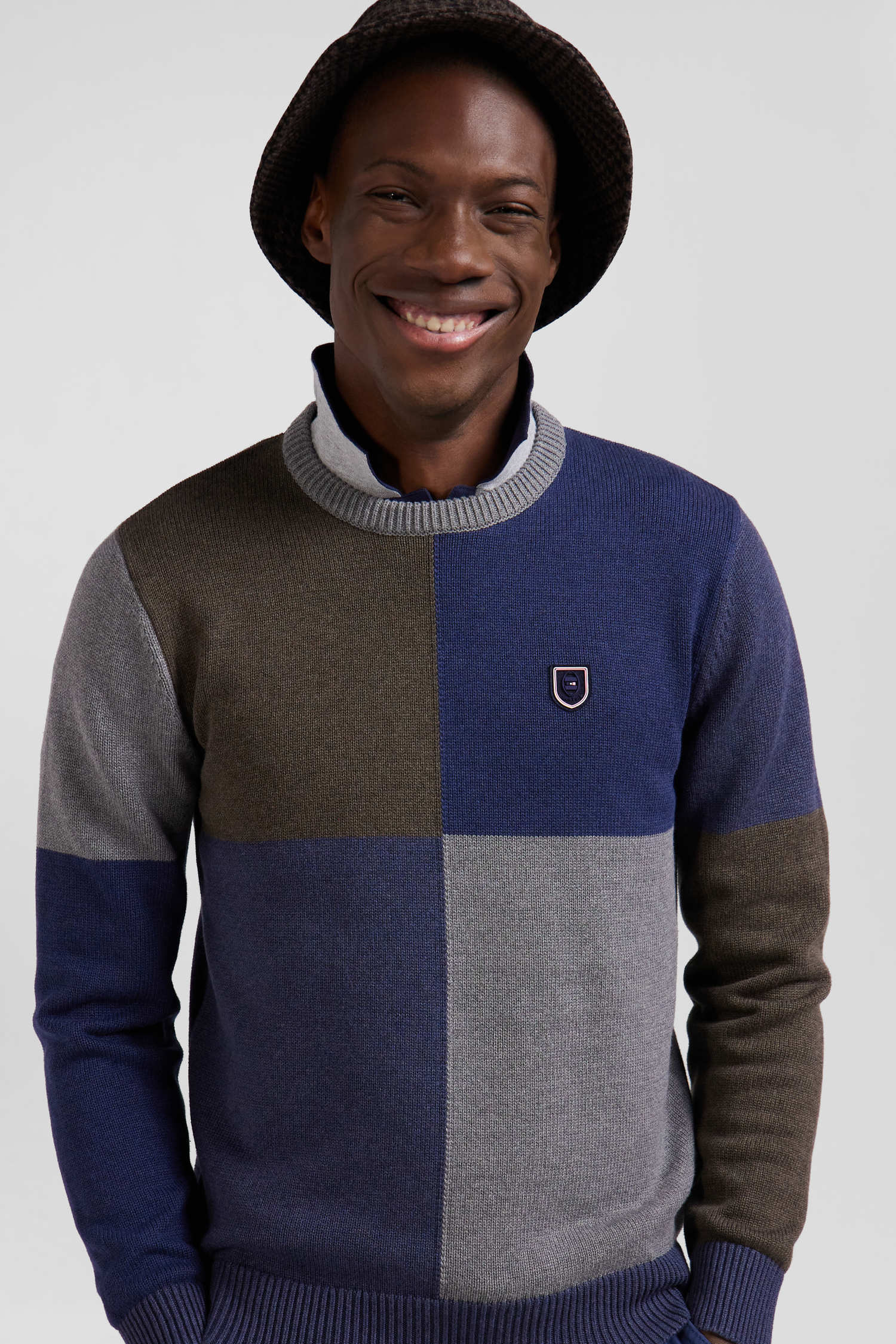 Pull col rond colorblock Barbarian en coton bleu chiné coupe Regular