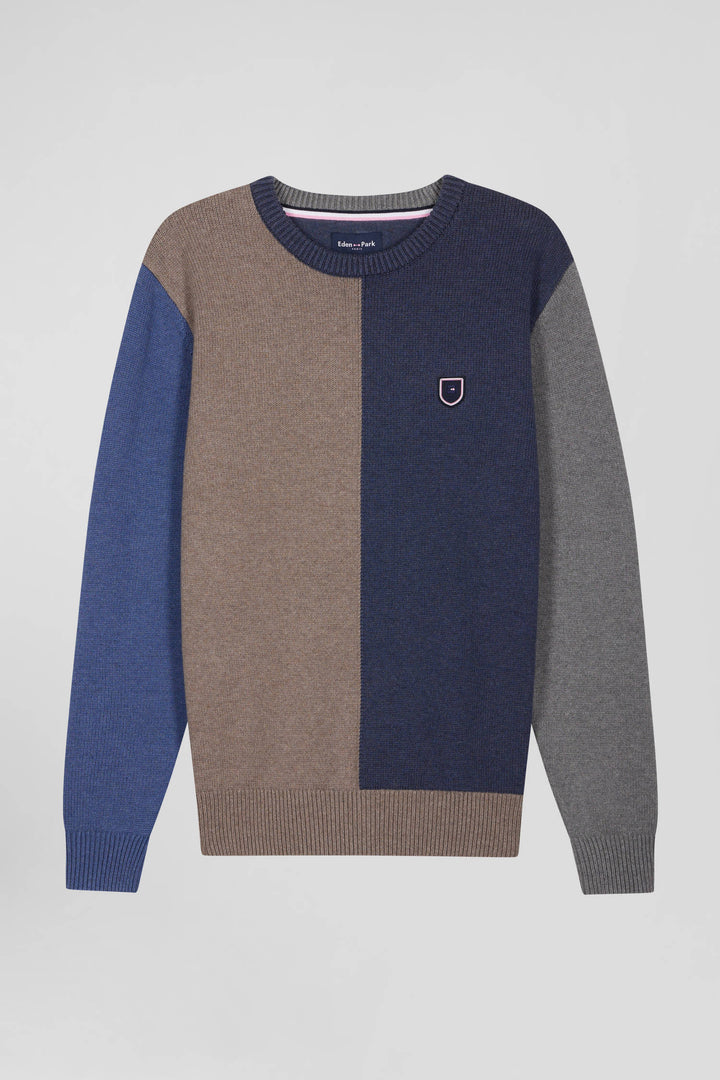 Pull col rond colorblock en coton bleu chiné et marron coupe Regular alt view