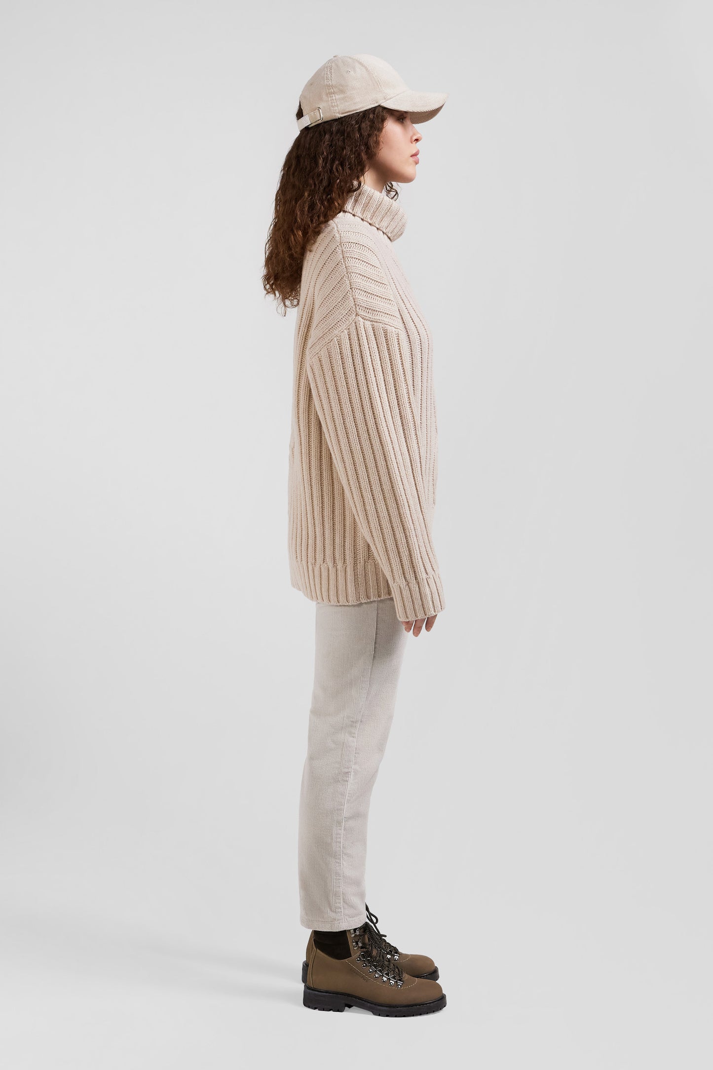 Oversize ivory wool blend high neck jumper with bow effect