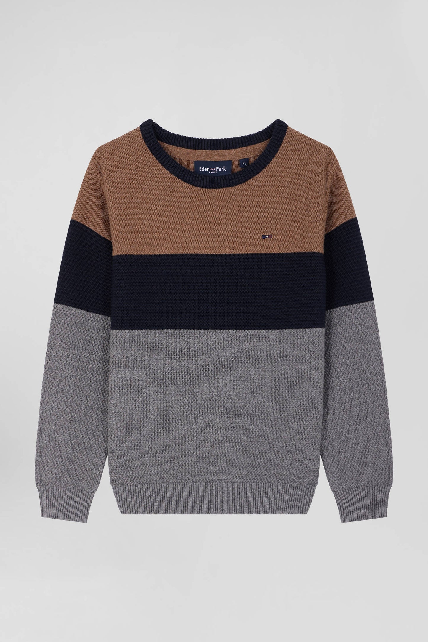 Three-tone round-neck sweater in hazelnut cotton, regular fit