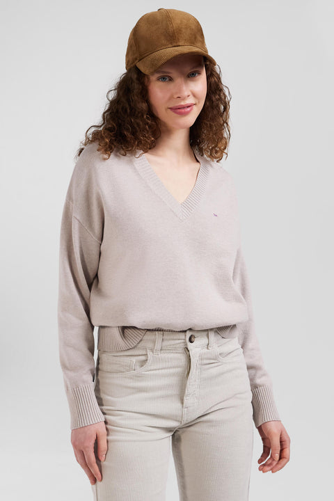 Pull col V en laine et coton beige coupe Relaxed - Image 3