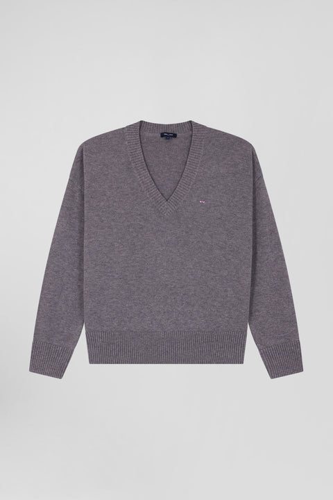 Pull col V en laine et coton gris anthracite coupe Relaxed - Image 2
