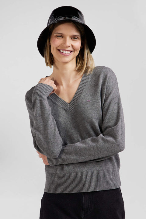 Pull col V en laine et coton gris anthracite coupe Relaxed - Image 3