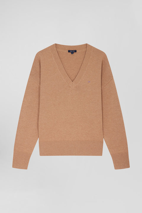 Pull col V en laine et coton camel coupe Relaxed - Image 2
