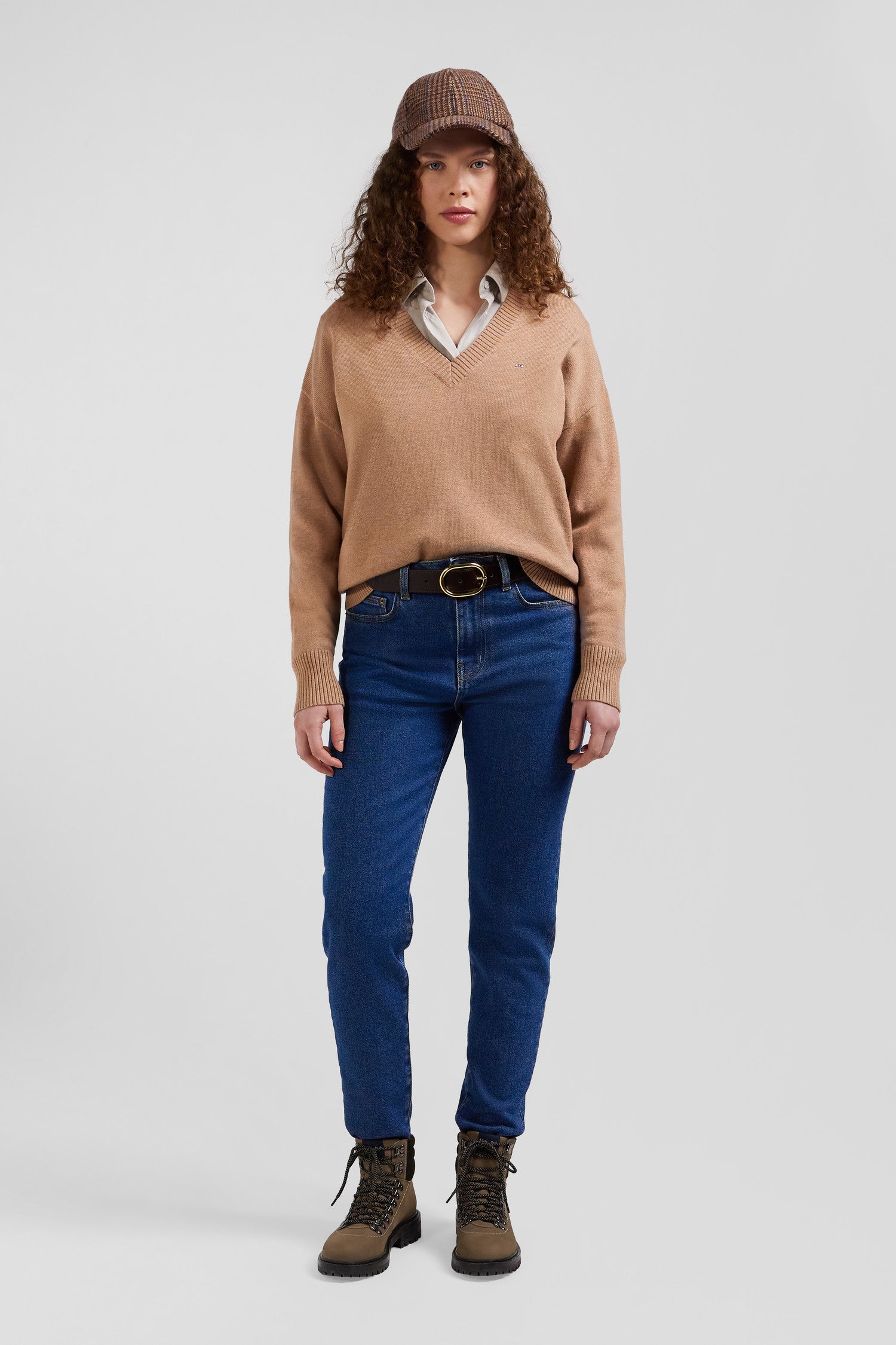 Relax camel wool and cotton V-neck jumper