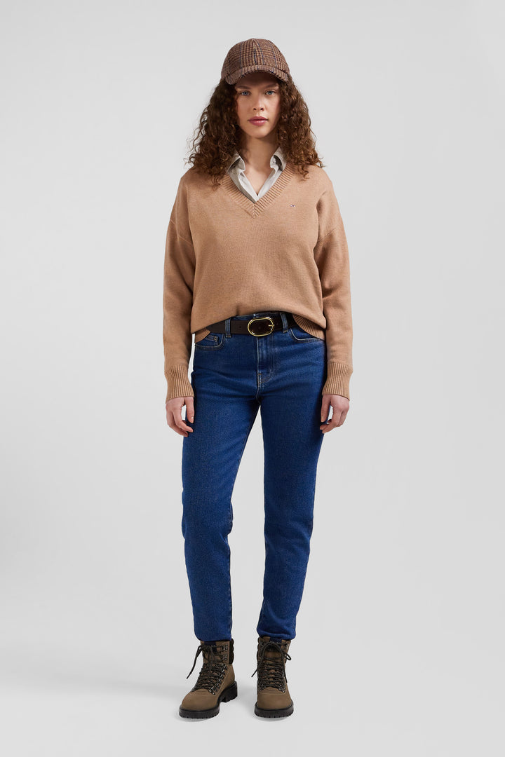 Relax camel wool and cotton V-neck jumper