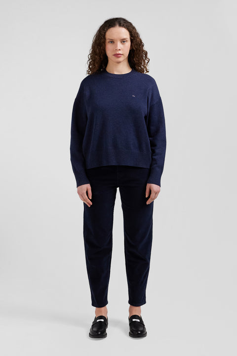 Pull col rond en laine et coton bleu marine coupe Relaxed - Image 1