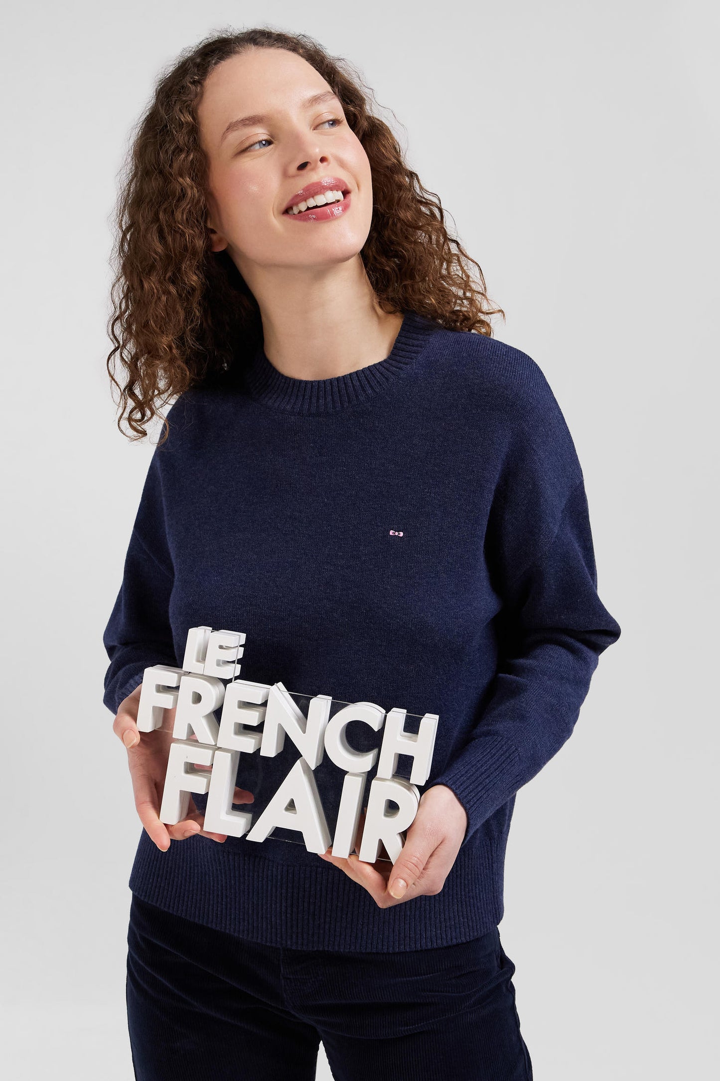 Relaxed navy wool and cotton crew neck jumper