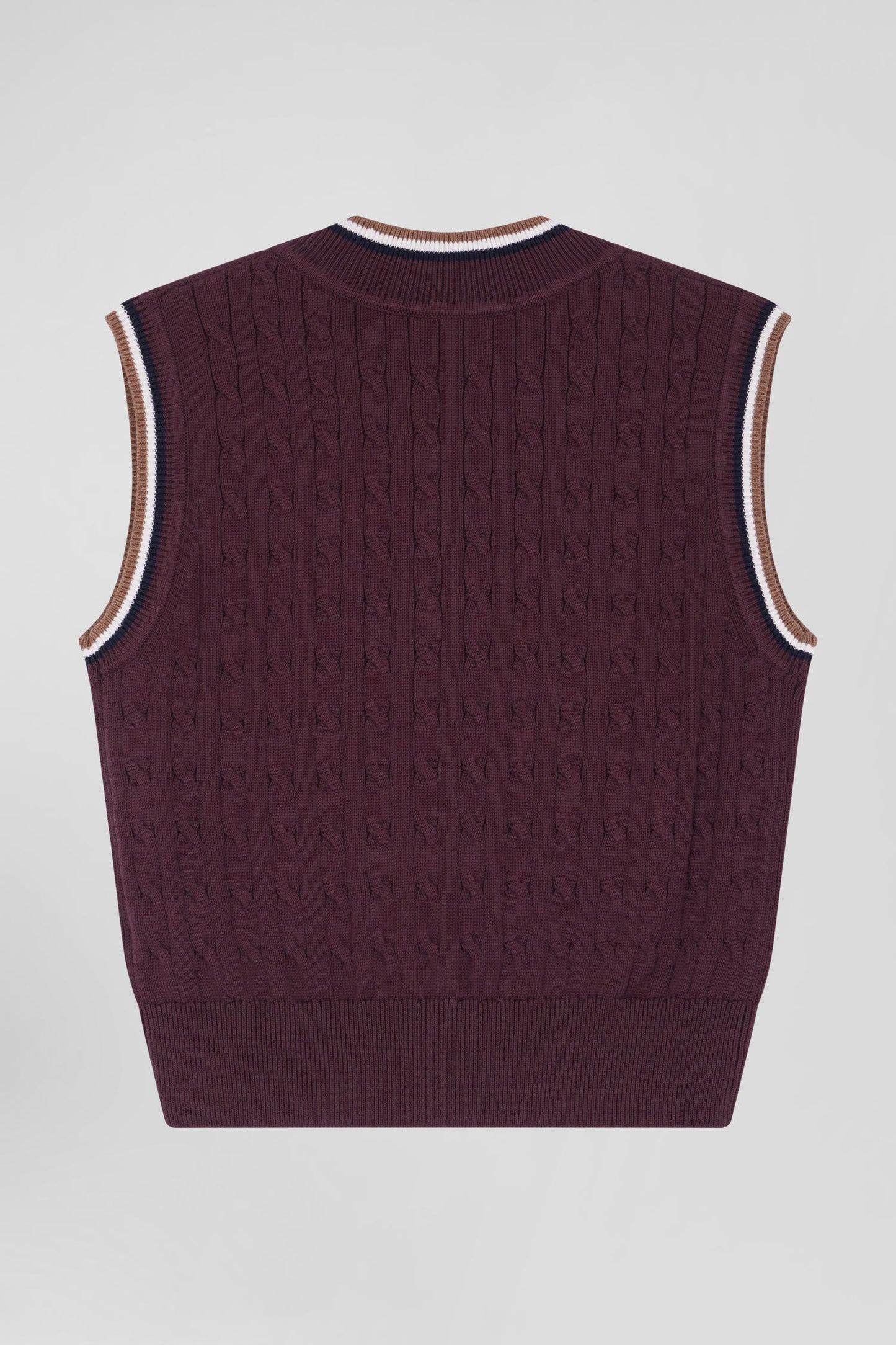 Relaxed burgundy cable-knit cotton V-neck sleeveless jumper