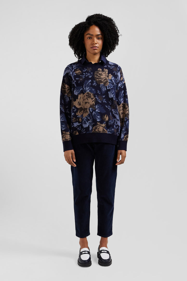 Oversize navy wool and cotton crew neck jumper with floral patterns