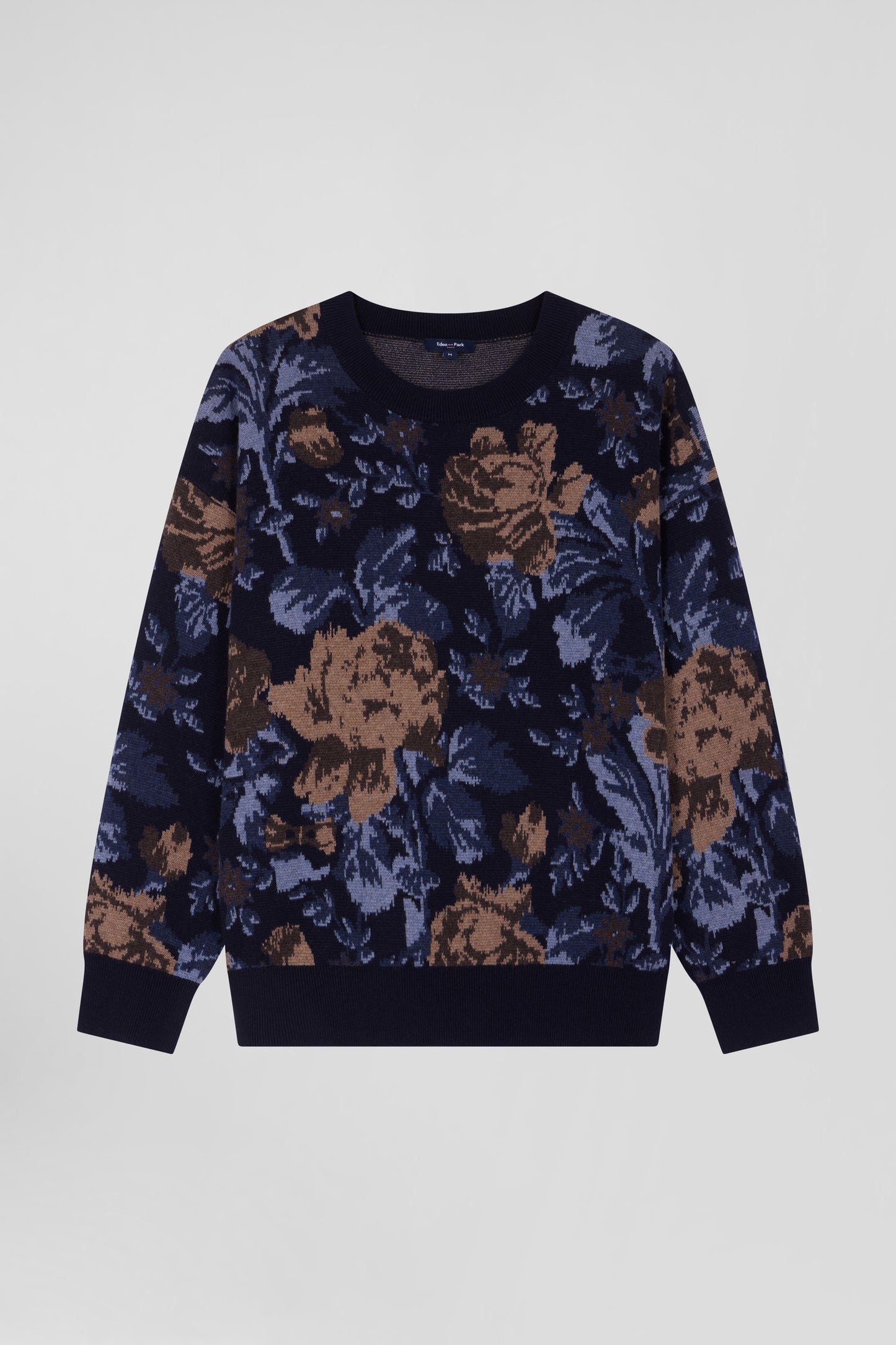 Oversize navy wool and cotton crew neck jumper with floral patterns