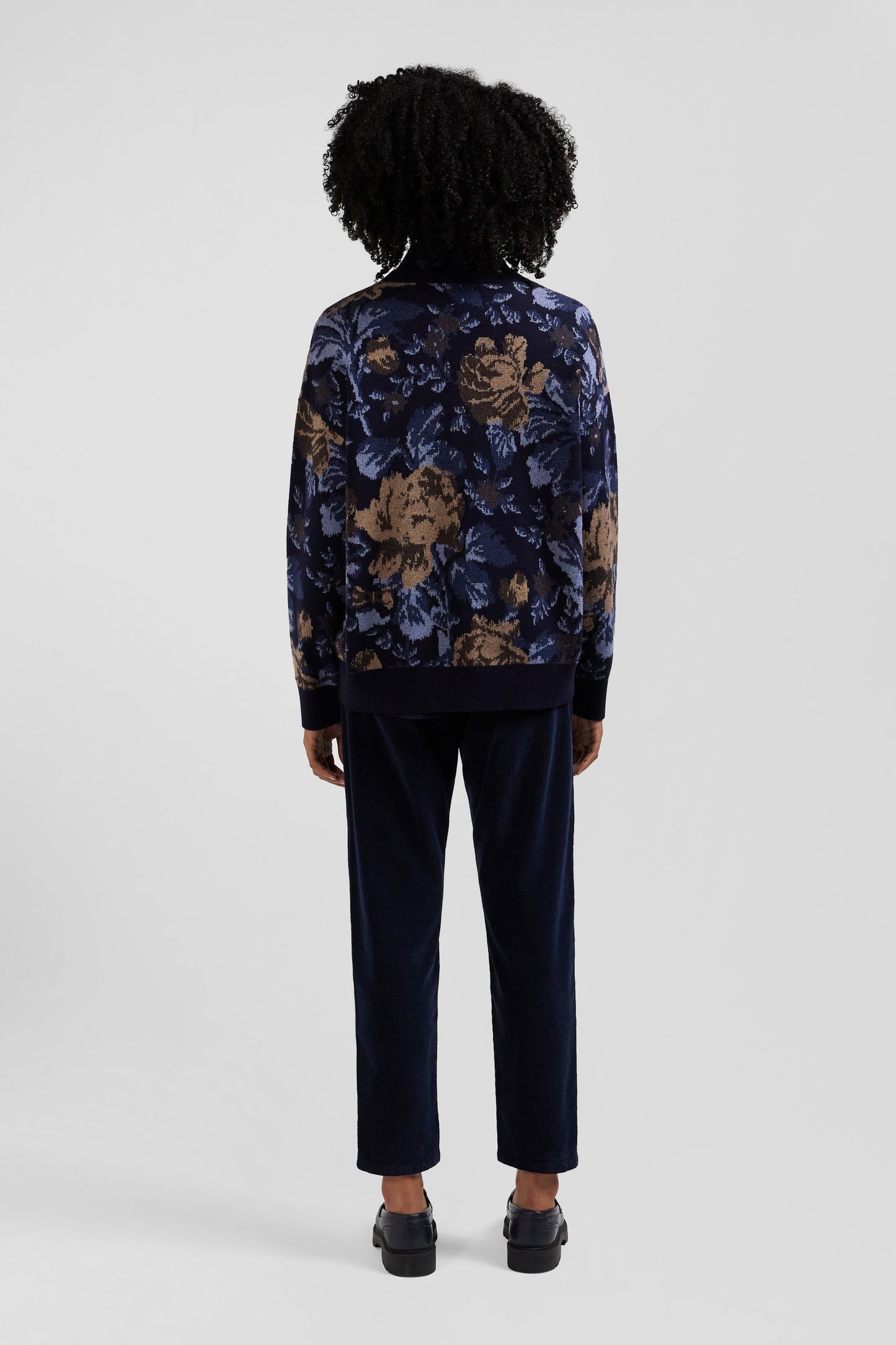 Oversize navy wool and cotton crew neck jumper with floral patterns