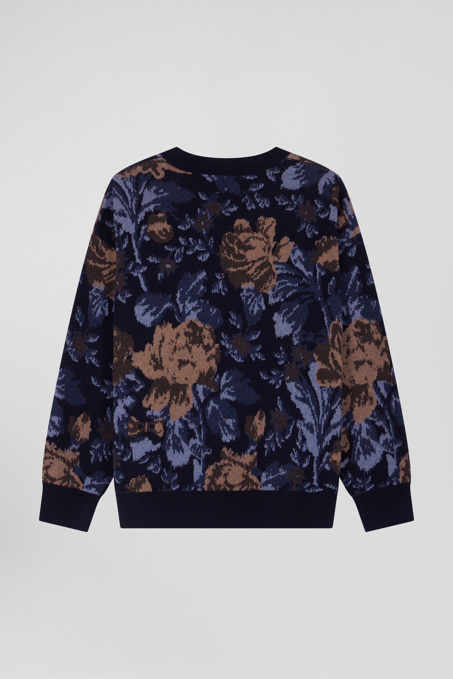 Oversize navy wool and cotton crew neck jumper with floral patterns