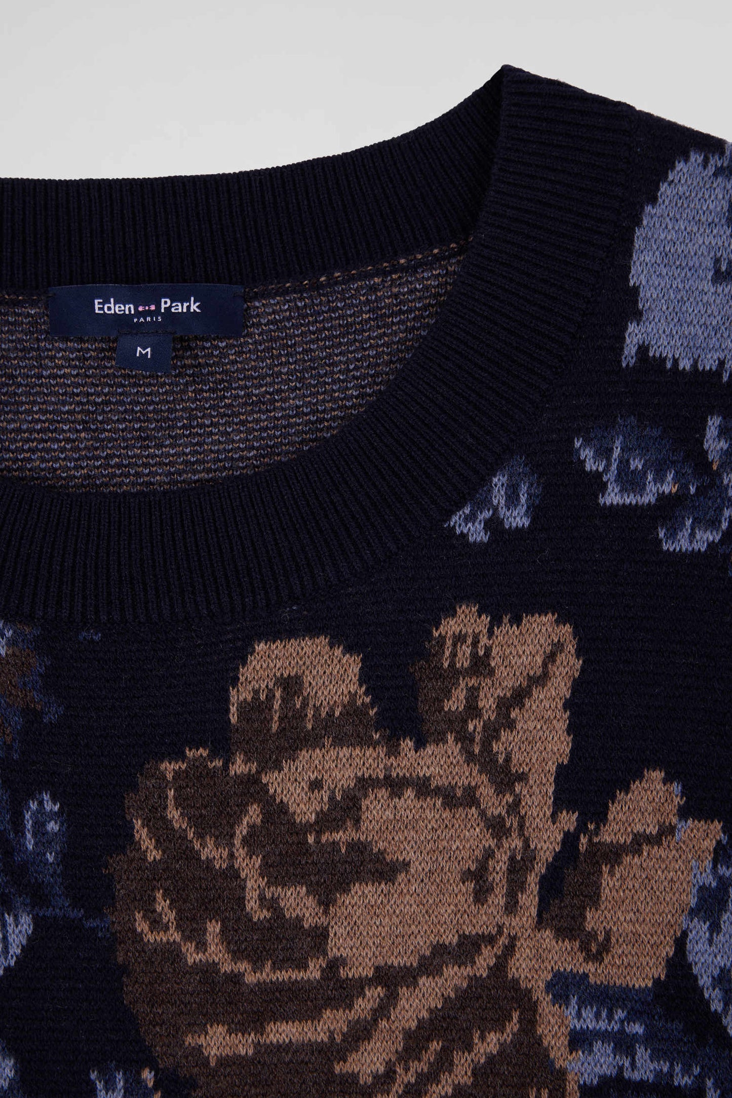 Oversize navy wool and cotton crew neck jumper with floral patterns