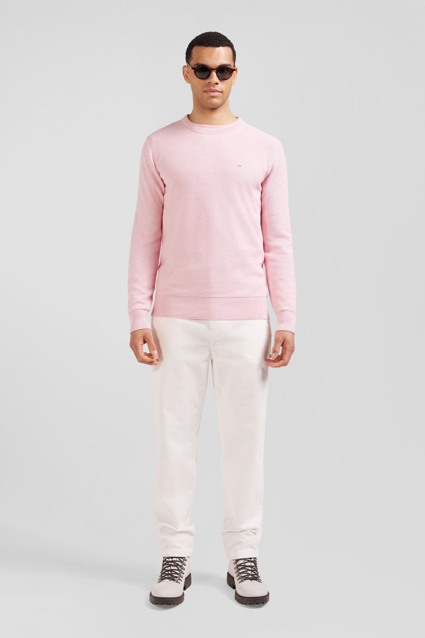 Pull col rond uni en coton rose coupe Regular - Image 1