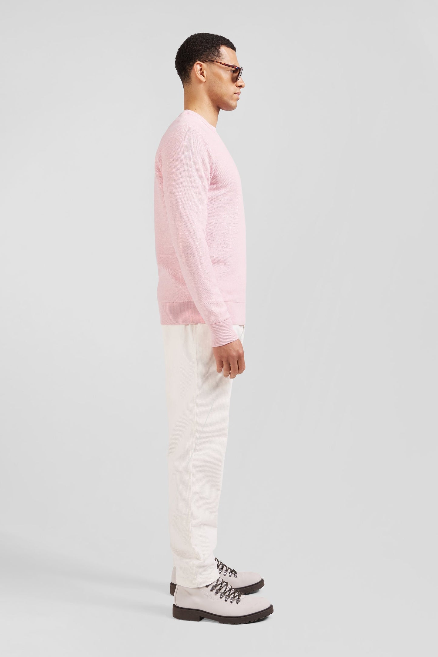 Pull col rond uni en coton rose coupe Regular - Image 6