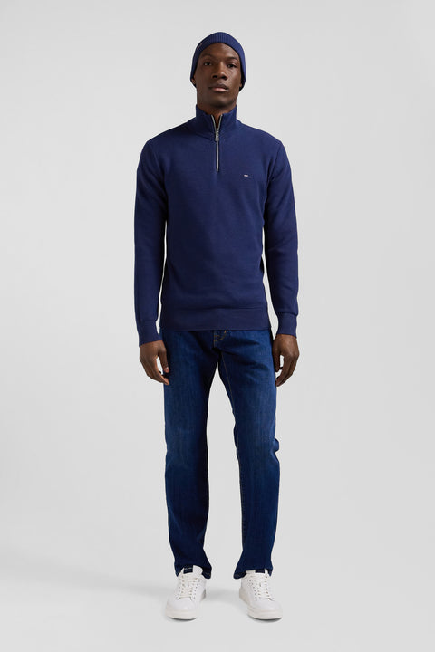 Regular dark blue cotton semi-zipped jumper - Image 1