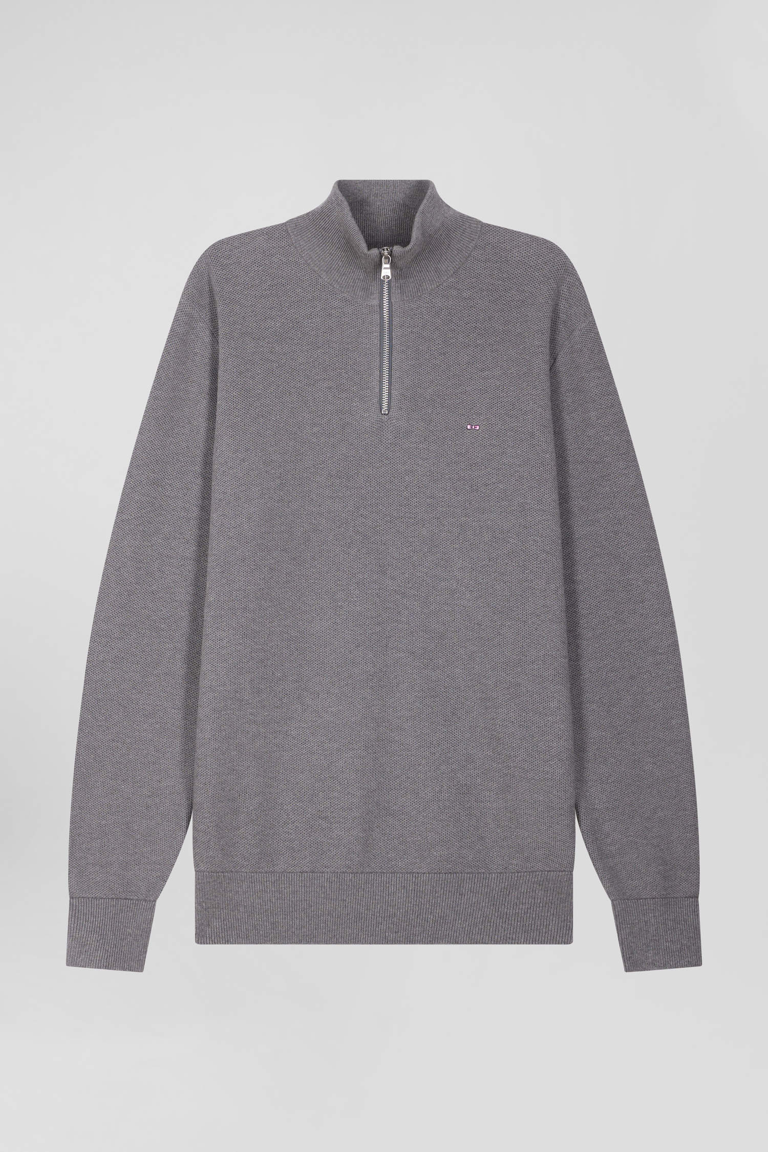 Pull col camionneur zippé uni en coton gris coupe Regular