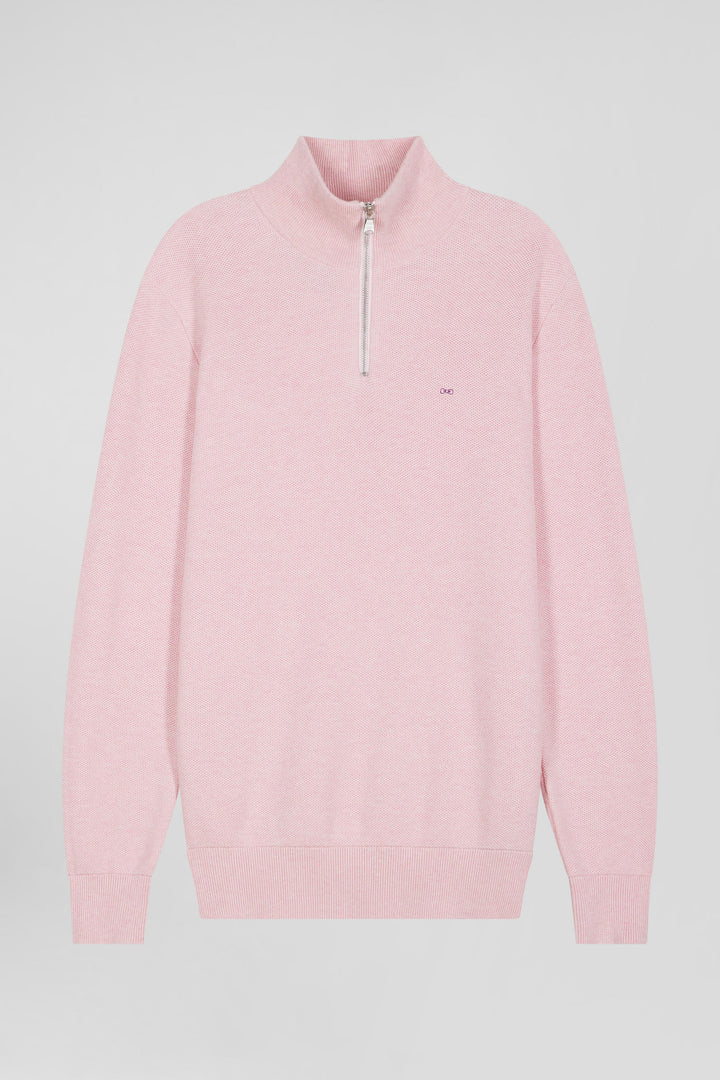 Pull col camionneur zippé uni en coton rose coupe Regular