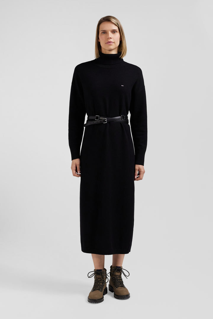 Relaxed black wool and cotton turtleneck dress