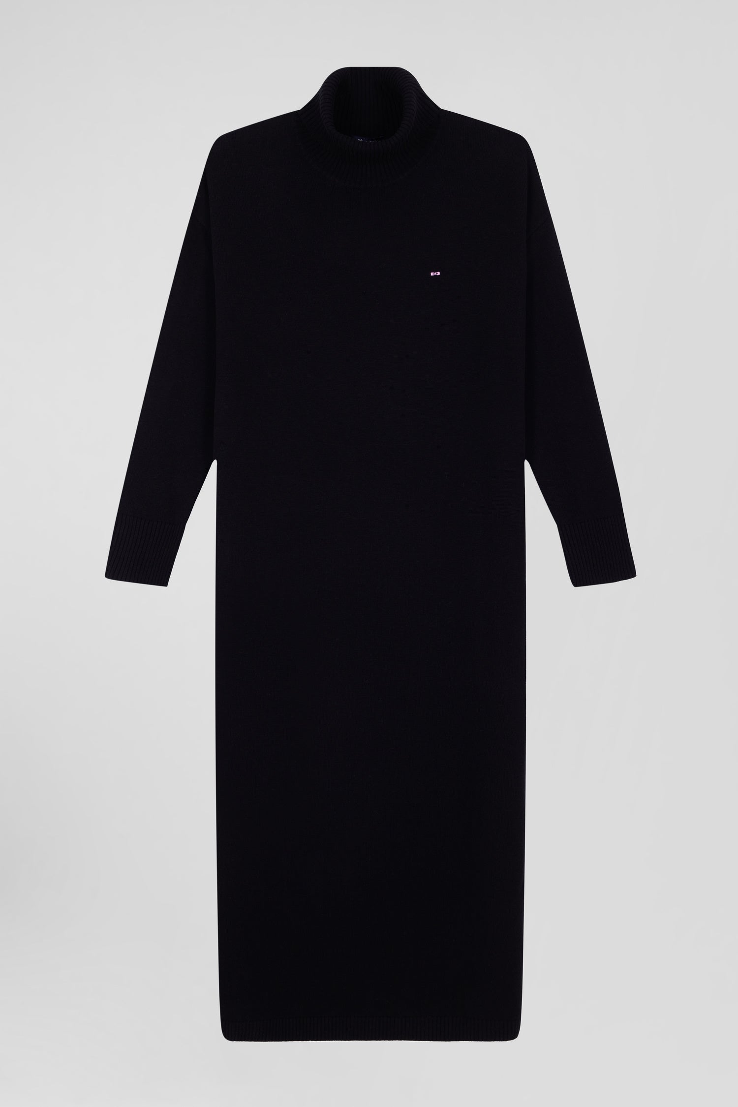 Relaxed black wool and cotton turtleneck dress