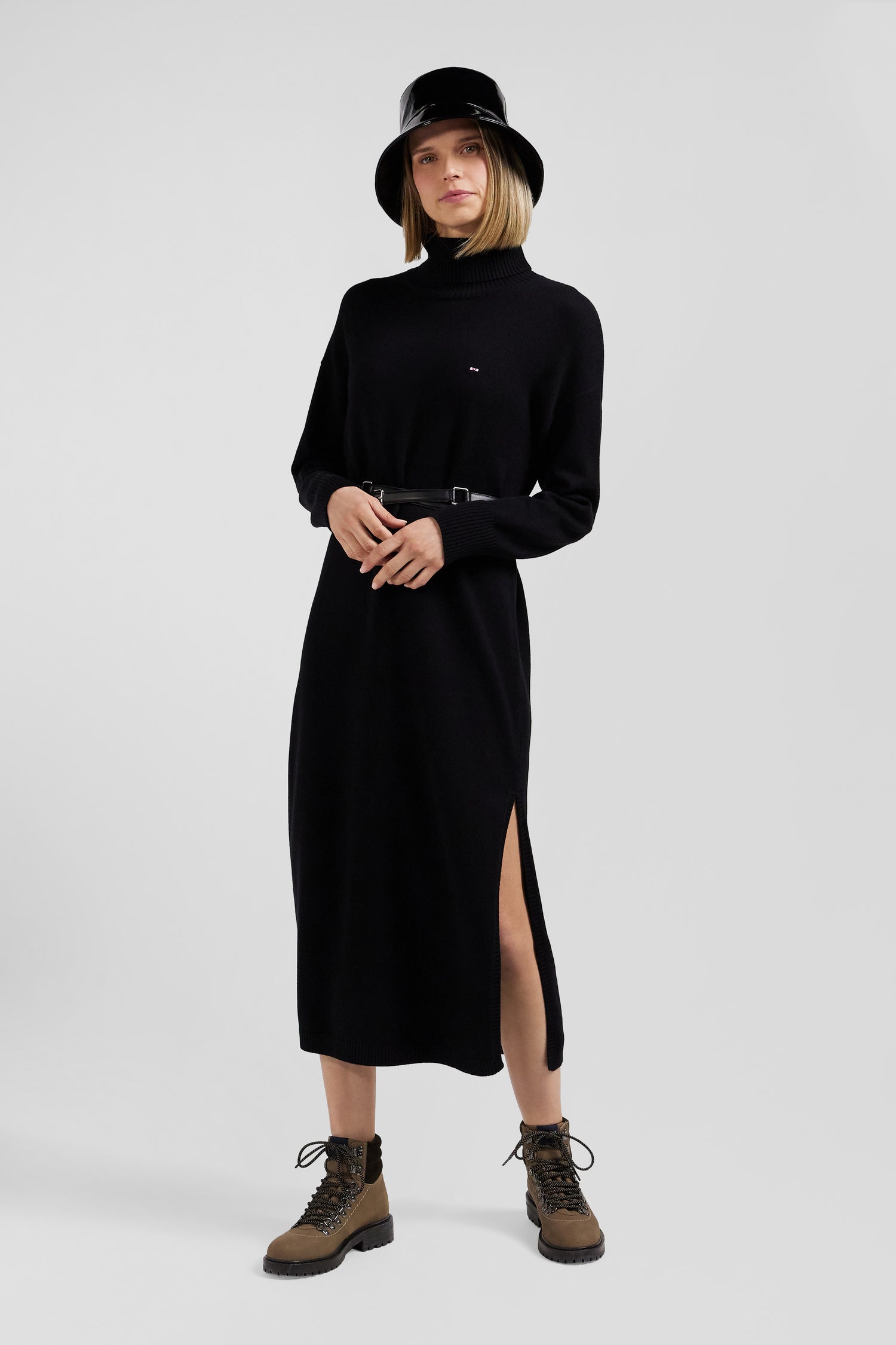 Relaxed black wool and cotton turtleneck dress