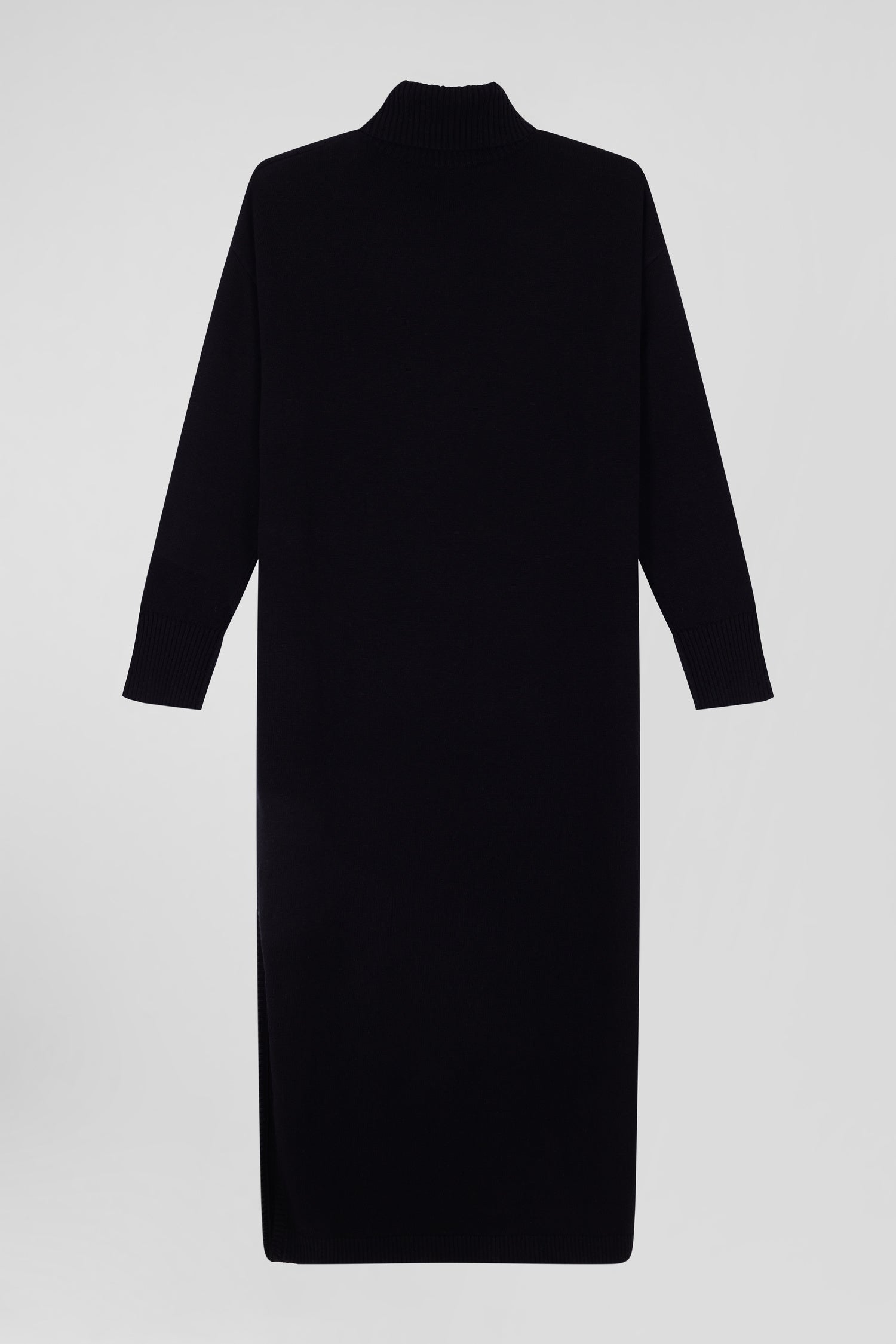 Relaxed black wool and cotton turtleneck dress