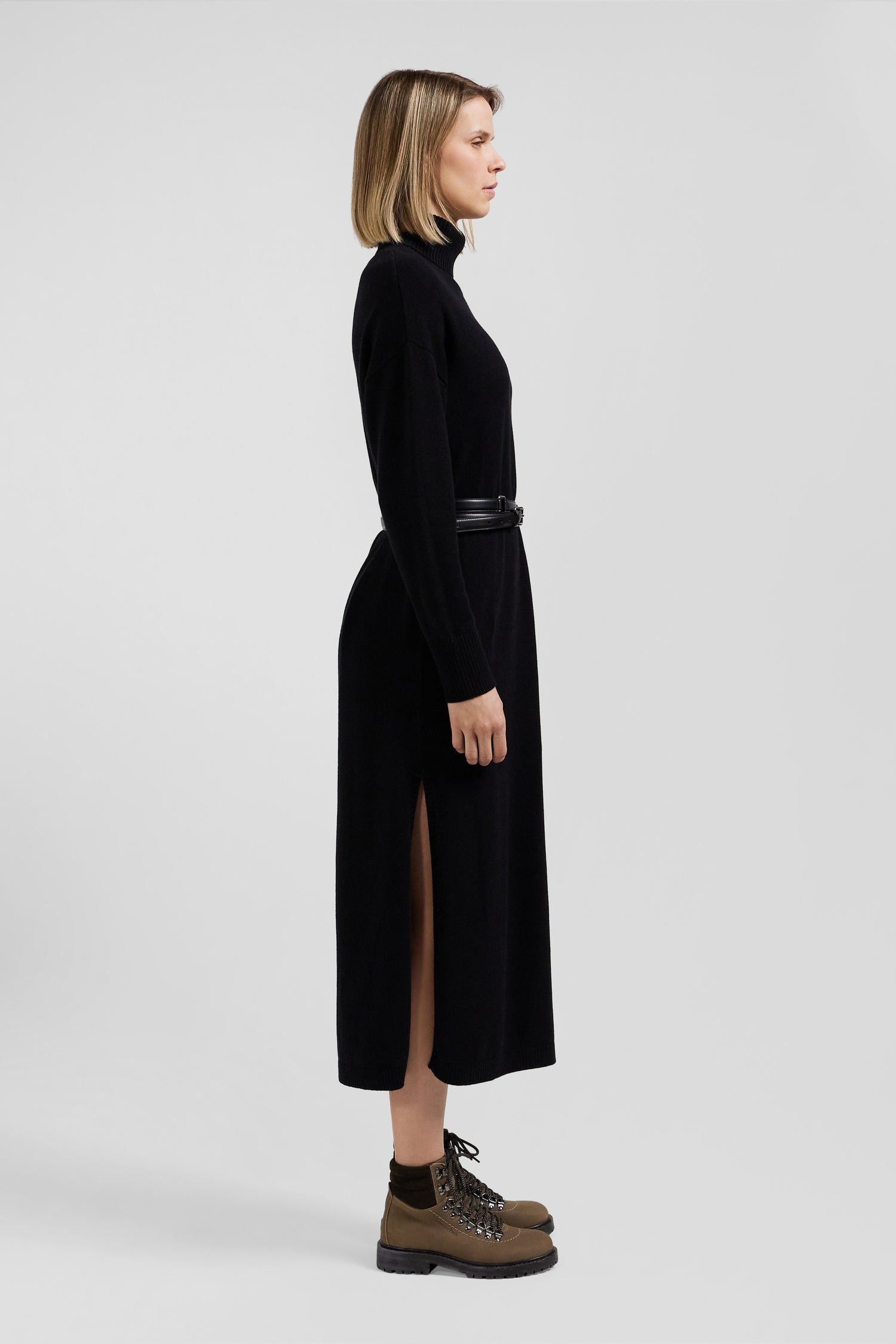 Relaxed black wool and cotton turtleneck dress